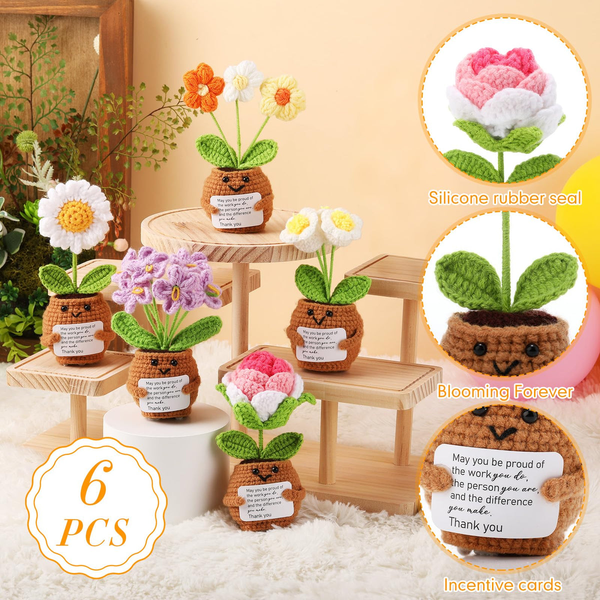 Geelin emotional crochet doll with rose and daisy to brighten workspace