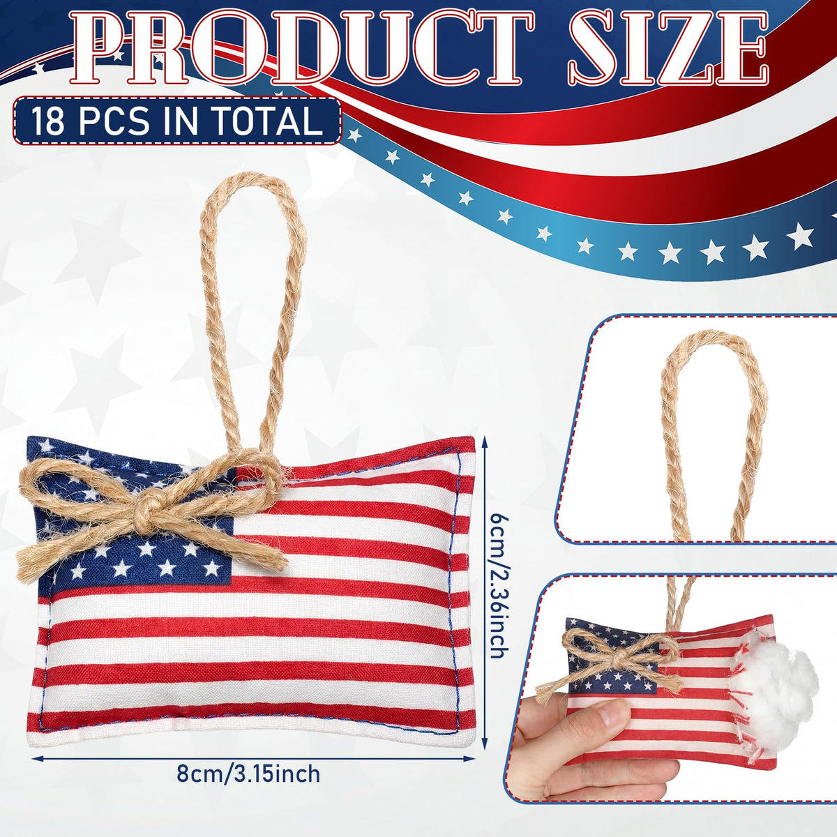 Geelin patriotic ornament with ribbon top for easy hanging on doors and windows.