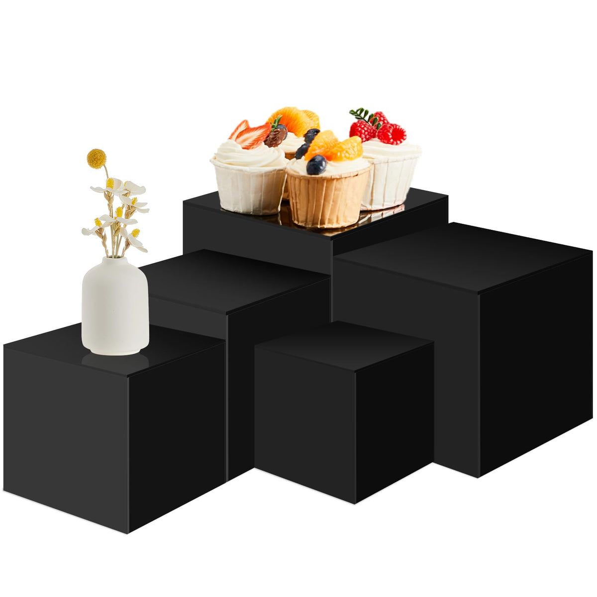 Geetery 5-piece acrylic display risers with hollow bottoms for versatile dessert and jewelry displays.