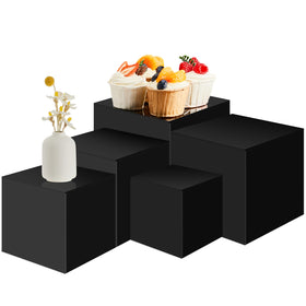 Geetery 5-piece acrylic display risers with hollow bottoms for versatile dessert and jewelry displays.