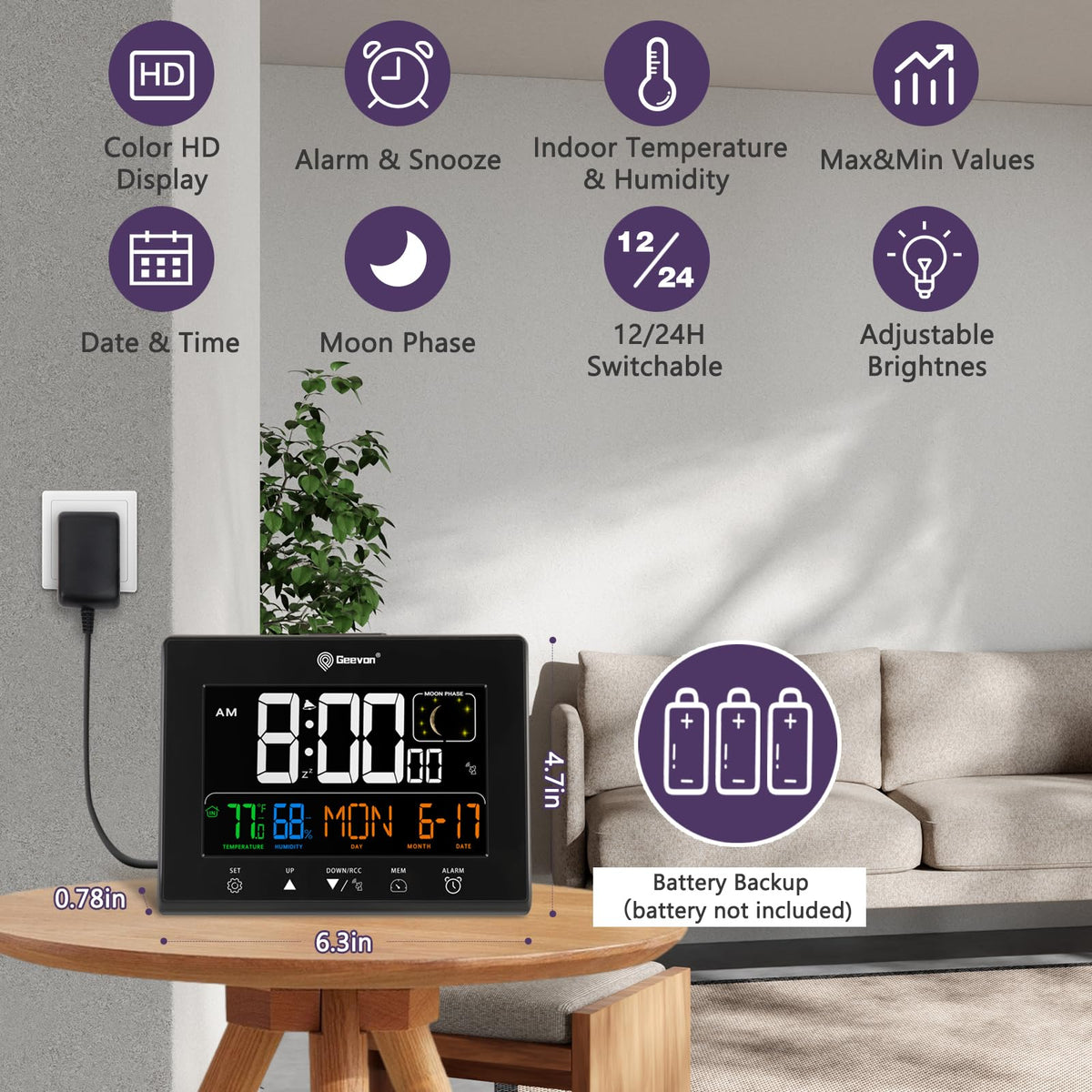 Geevon clock with five-level brightness for day and night readability.
