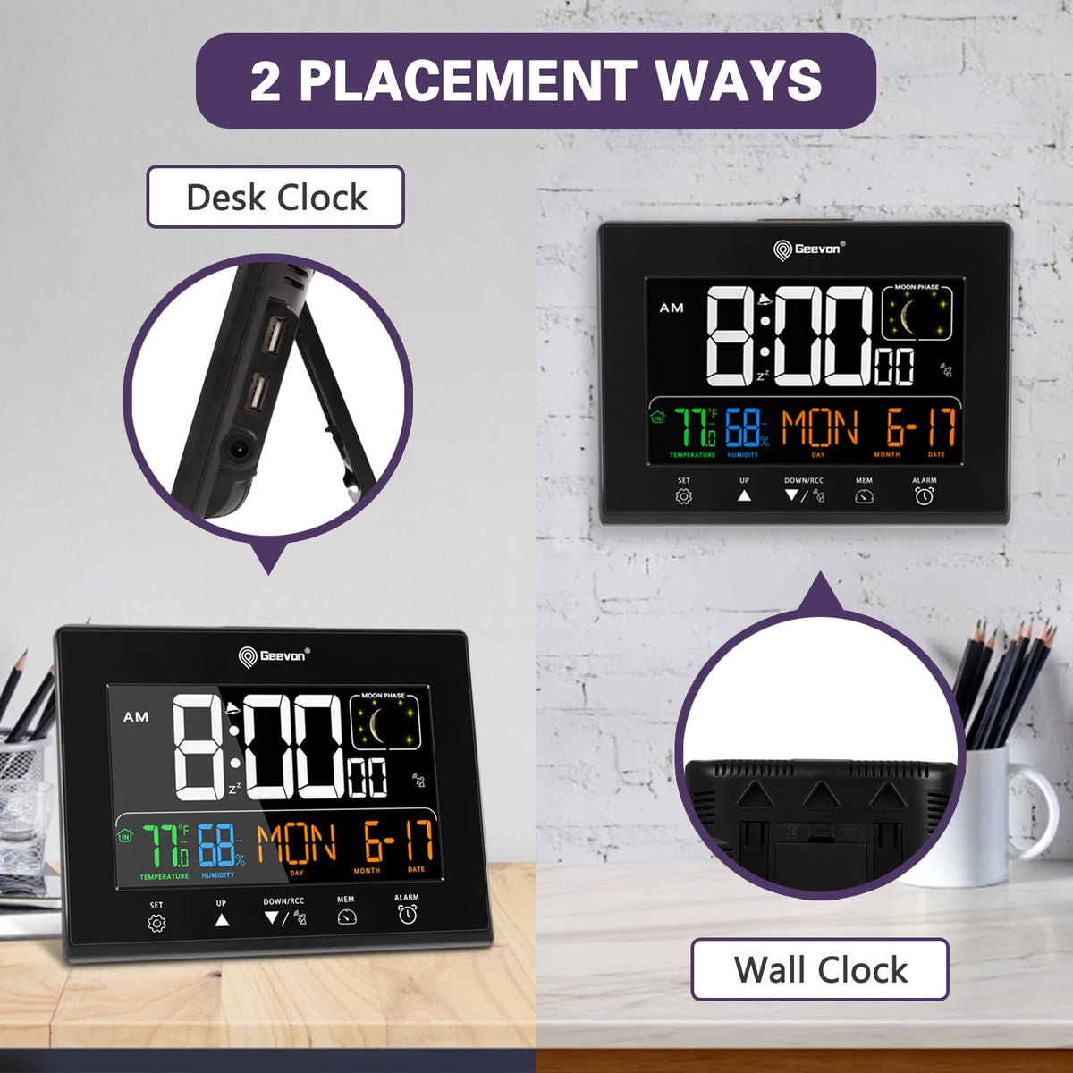 Geevon clock designed for desk or wall mounting with stand and hook.