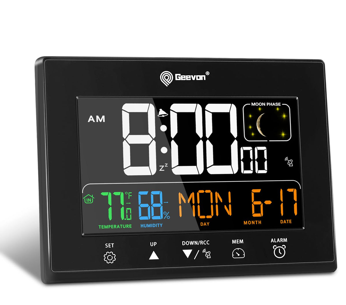 Geevon digital atomic alarm clock with 6-inch VA display for clear bedside visibility.