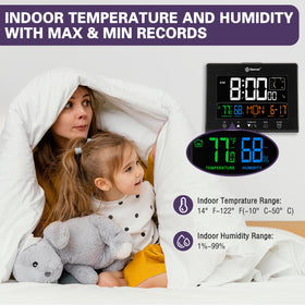 Geevon clock shows indoor temperature and humidity for room comfort.