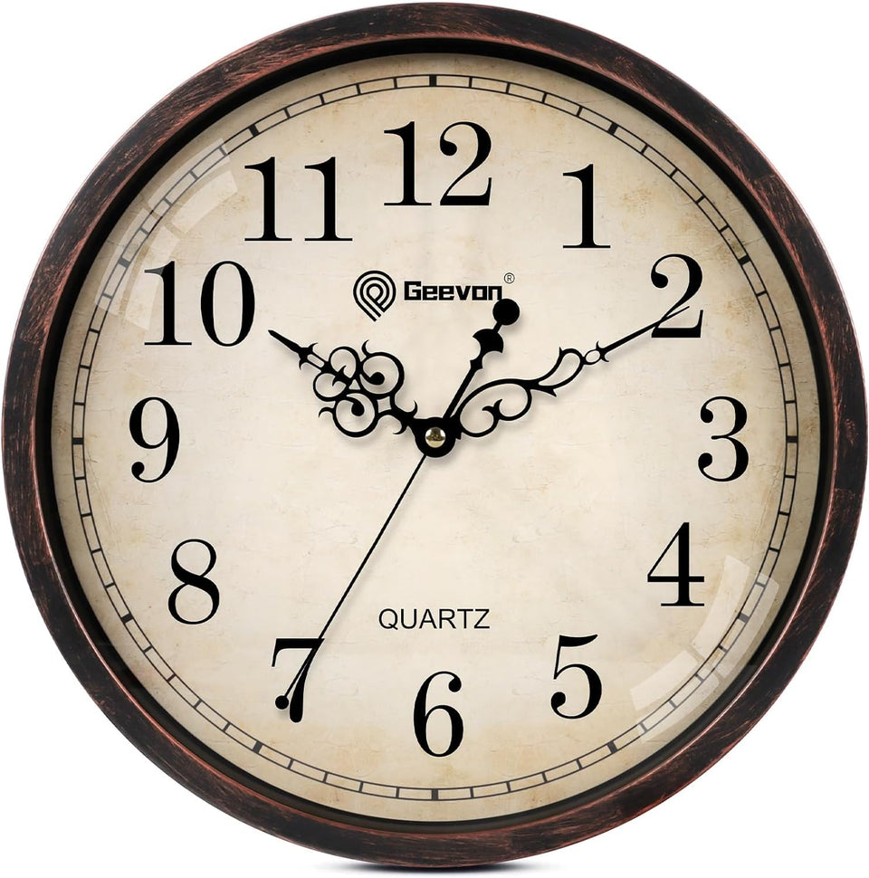 Geevon Retro Silent 12-Inch Wall Clock front view with easy readability and vintage charm.