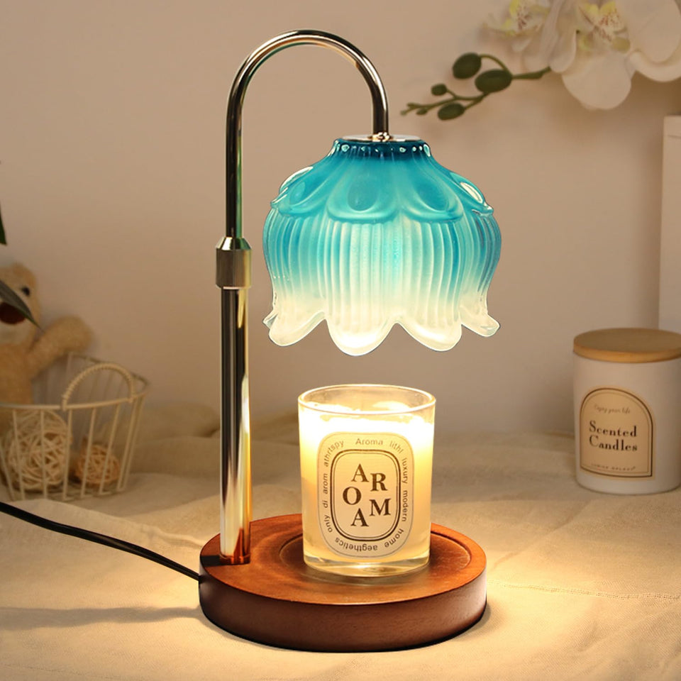 Geezo Fragrance Candle Warmer Lamp front view with frosted metal and gold rim.