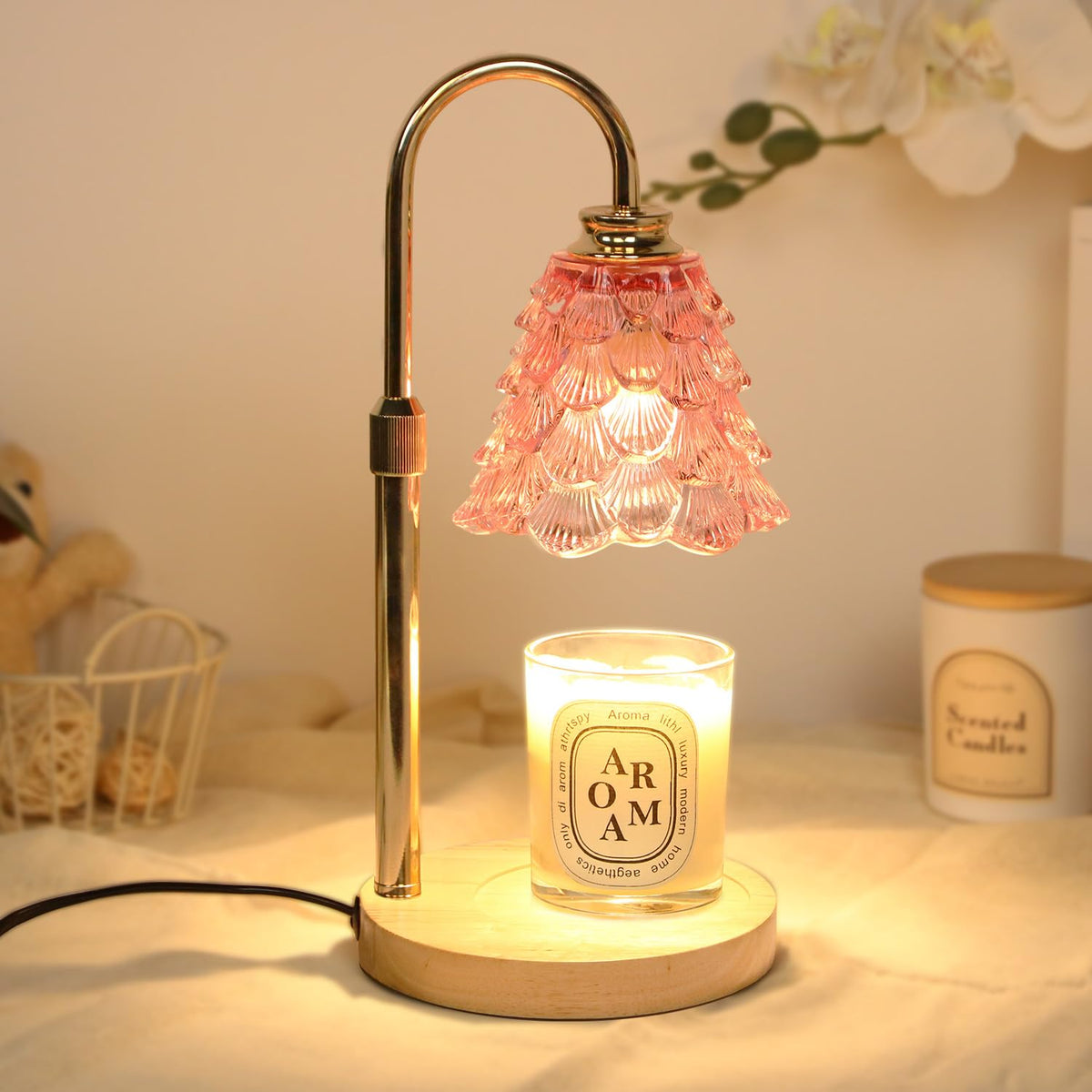 GEEZO Fragrance Candle Warmer Lamp front view with frosted metal and gold trim