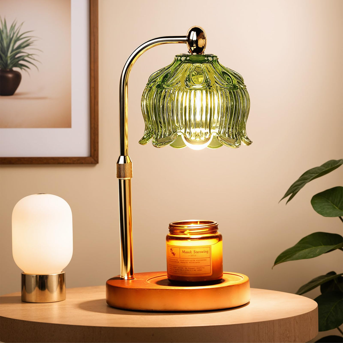 GEEZO Fragrance Candle Warmer Lamp on wooden base creates safe ambient fragrance.