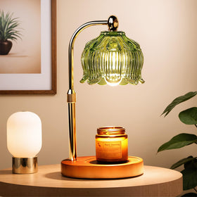 GEEZO Fragrance Candle Warmer Lamp on wooden base creates safe ambient fragrance.