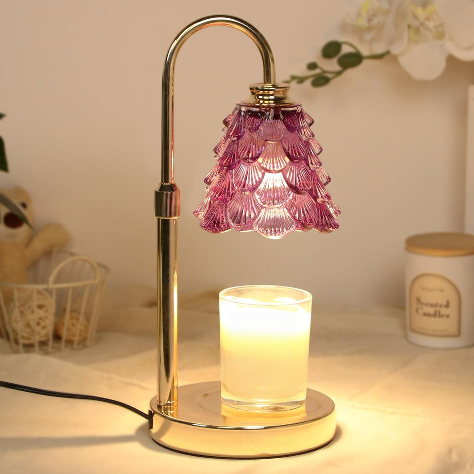 GEEZO Fragrance Candle Warmer Lamp with wooden base glows warmly for safe ambience.
