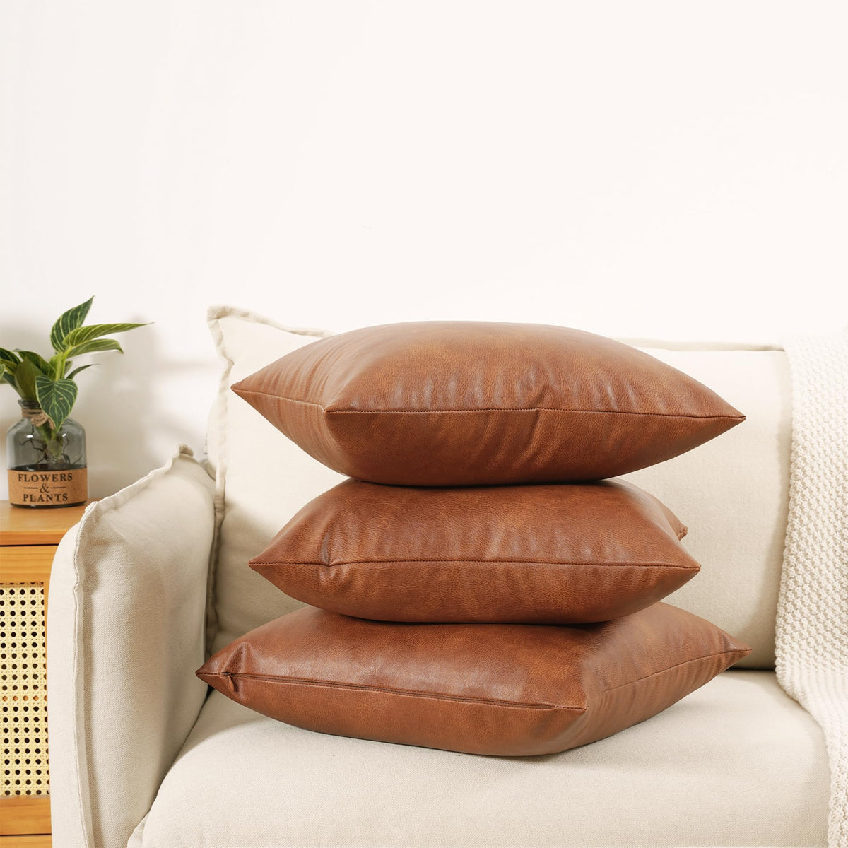 GEGELICA faux leather throw pillow cover 18x18 brown back view shows clean edges for a neat look.