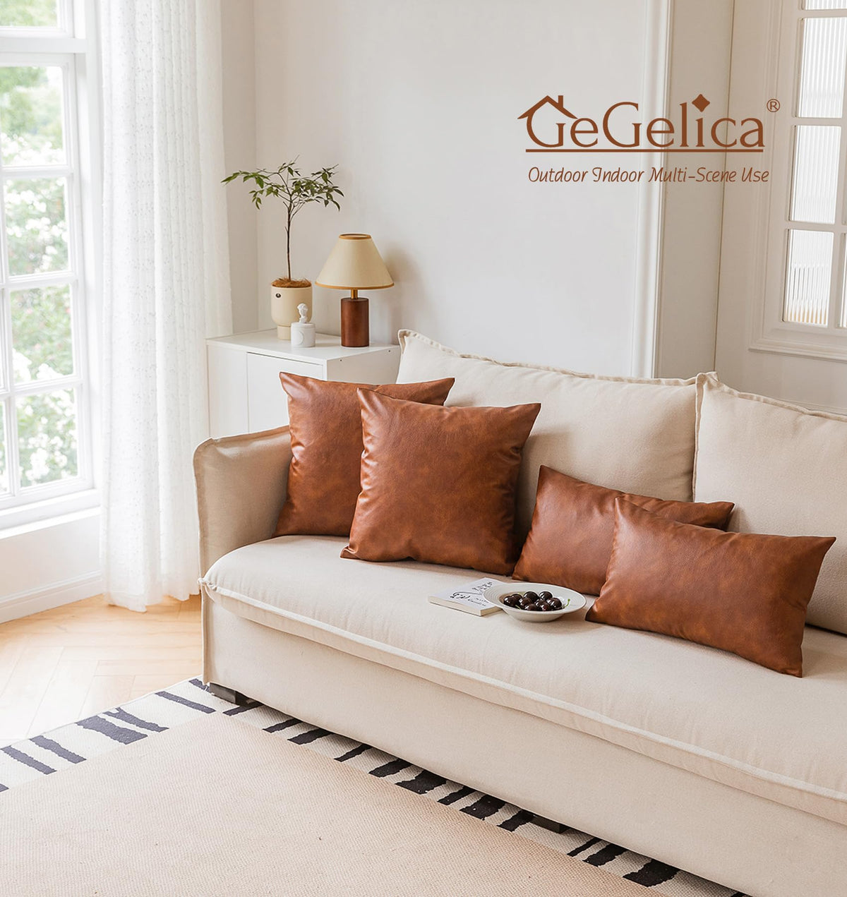 GEGELICA faux leather throw pillow cover 18x18 brown packaging ready for gifting.