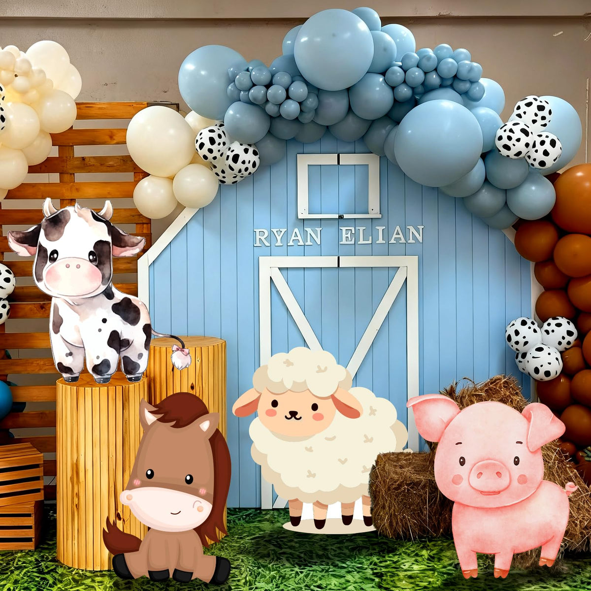 Gemscream farm animal backdrop setup for colorful party scenes.