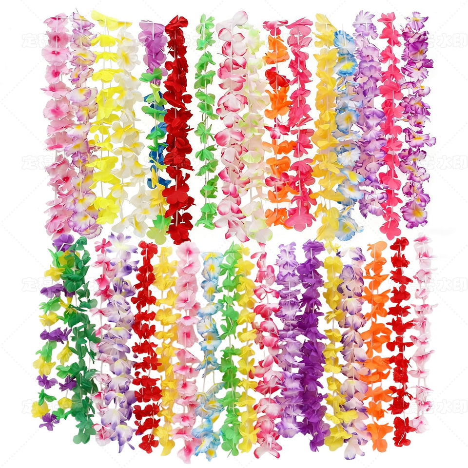 GenDouYun Hawaiian leis bulk 150 pack laid flat for easy party planning.