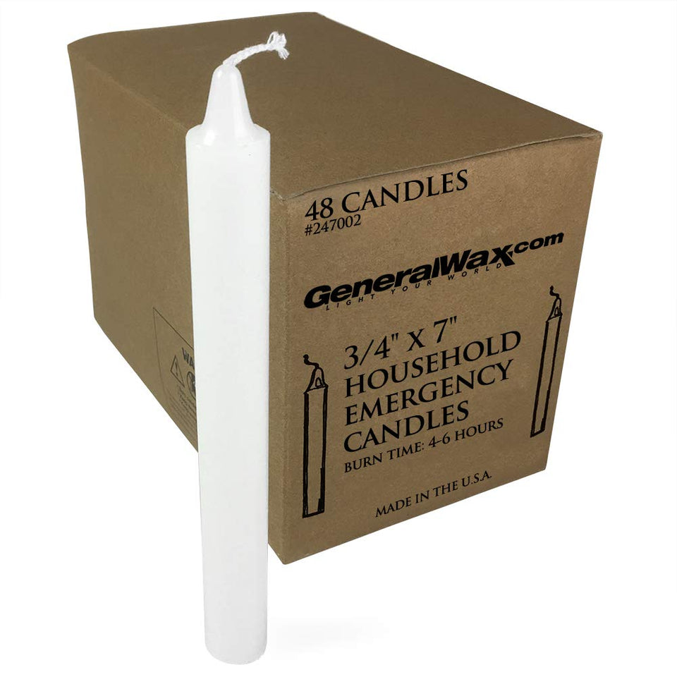 General Wax and Candle Company unscented long white candles for emergencies and ceremonies.