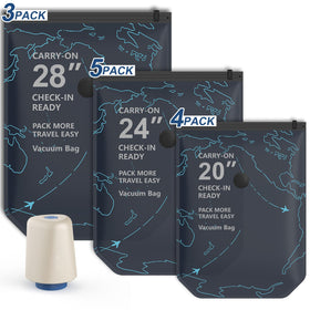 Generic 12-pack vacuum bags with electric pump setup for quick, space-saving packing.