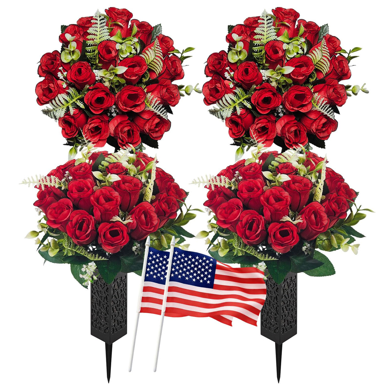 Generic 2-pack cemetery flowers with spiked vases for stable grave displays.