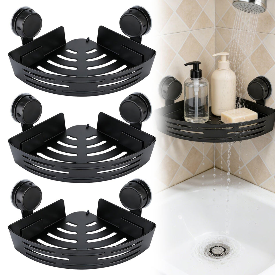 Generic 2026 triangle suction corner shelf during tool-free installation on a smooth surface.