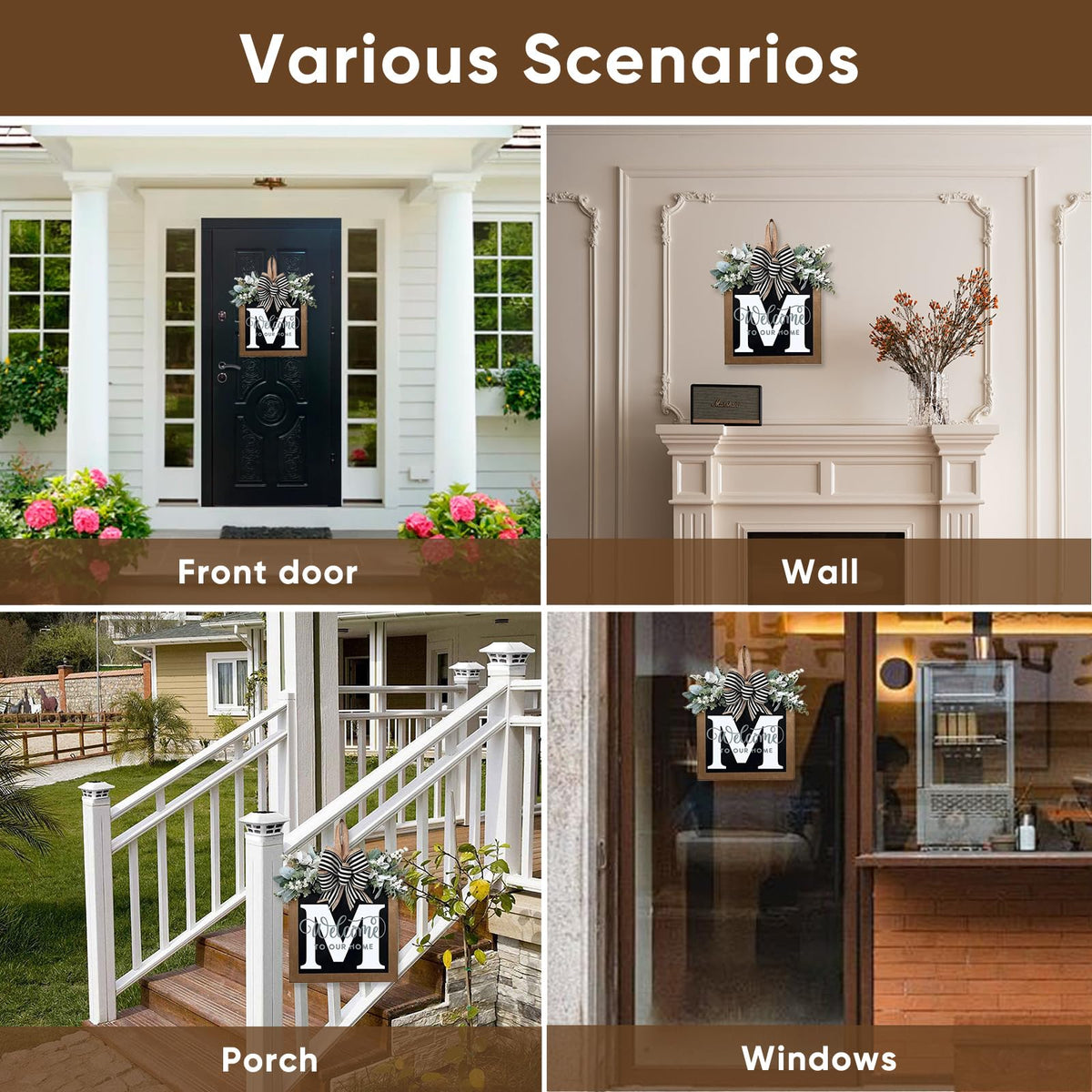 Generic 26 Initials Sign with eucalyptus garland enhances entryway style.