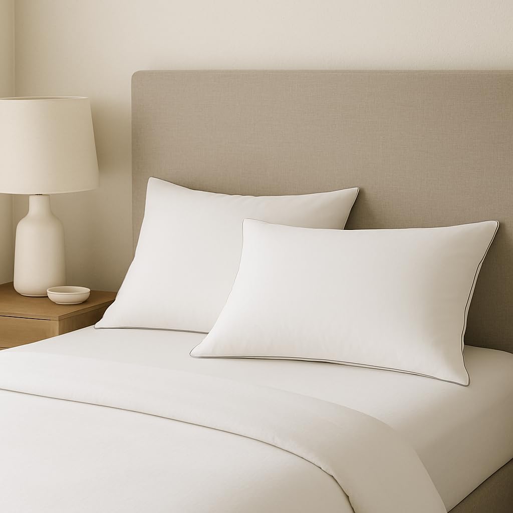 Generic 4-pack queen pillows feature gray piping for a modern bedroom look.
