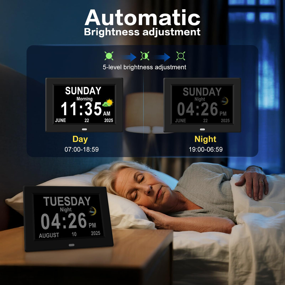Generic 7-inch alarm clock auto-dimming to reduce eye strain.