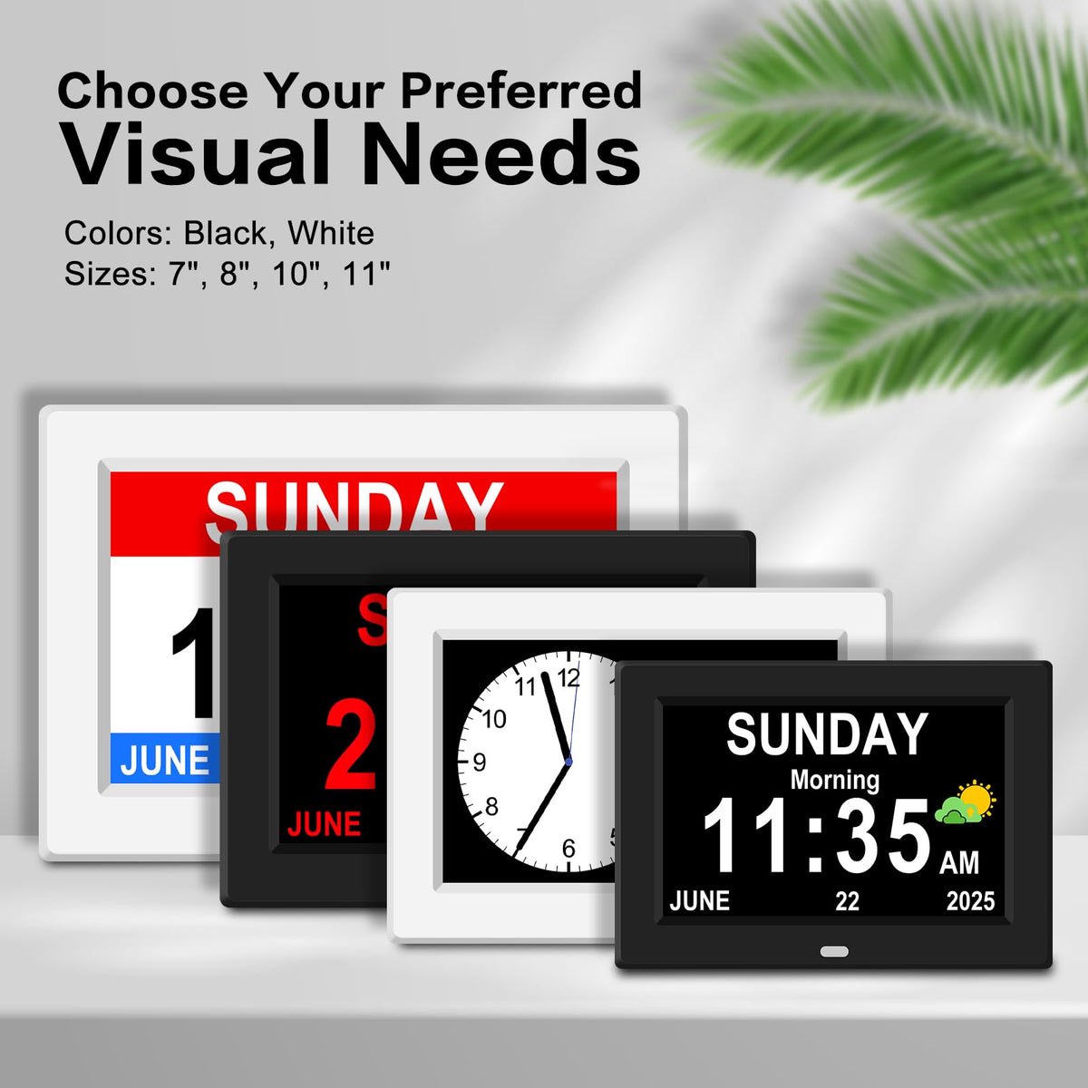 Generic 7-inch alarm clock supports 8 languages and reminders.