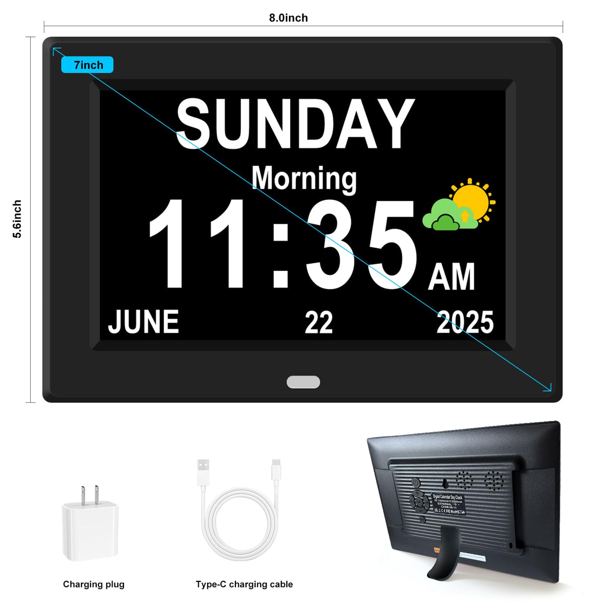 Generic 7-inch alarm clock in white with large display for seniors.
