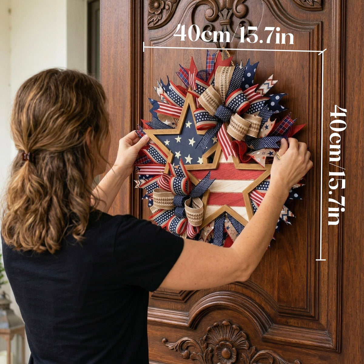 Generic American flag-inspired outdoor wreath with weatherproof materials for year-round display.