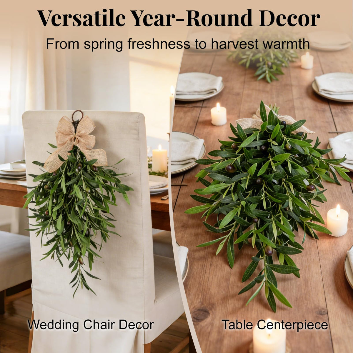 Olive teardrop swag draped on chair back for elegant table settings