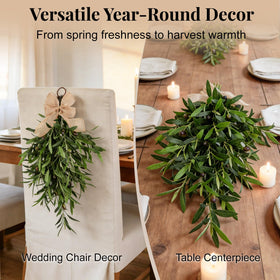 Olive teardrop swag draped on chair back for elegant table settings