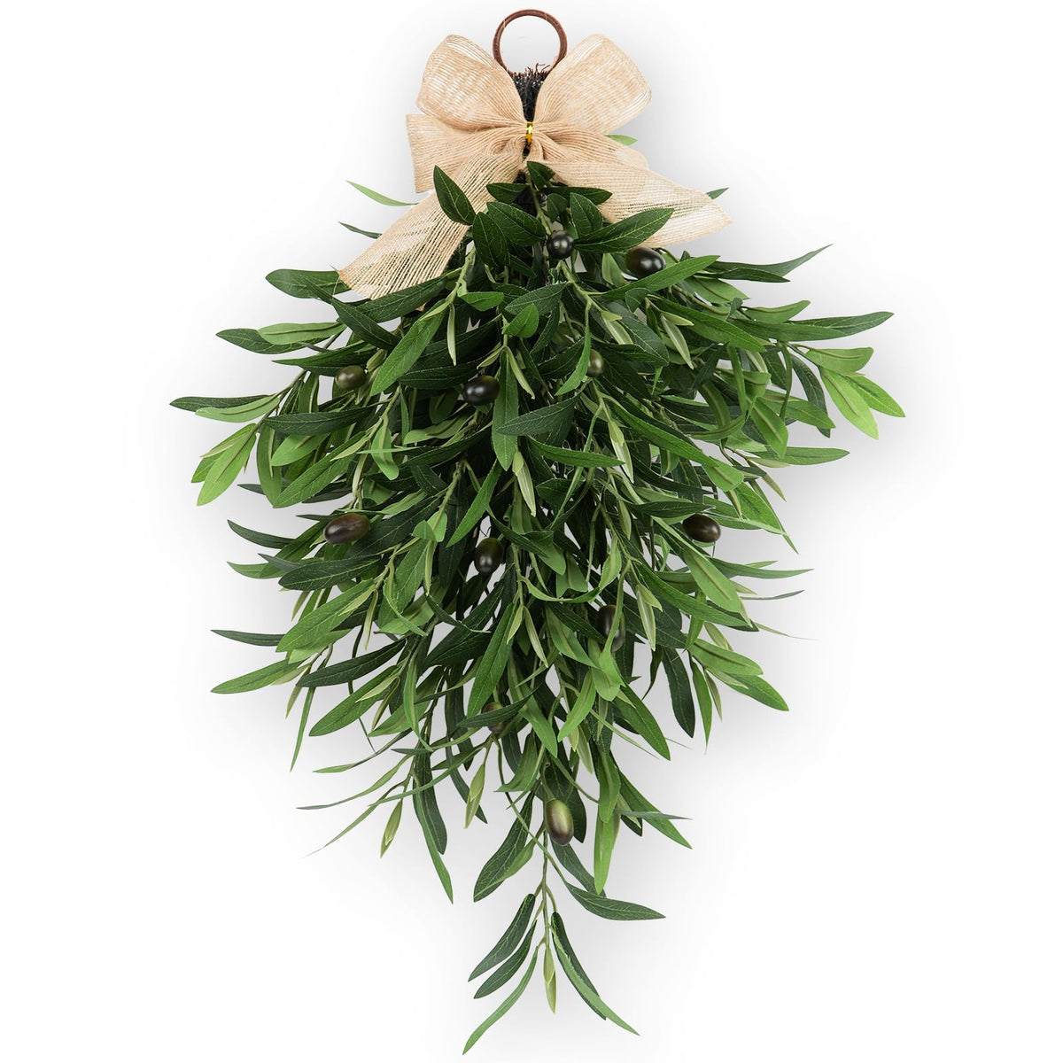 Generic olive teardrop swag on front door enhances curb appeal with Mediterranean charm