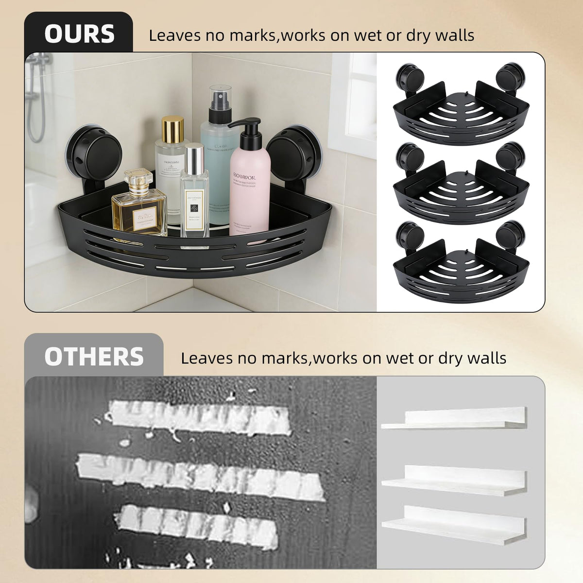 Generic black three-layer triangle storage maximizes corner space in a small bathroom.