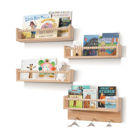 Generic BOMID four-piece wall shelves in burlywood finish for tidy nursery display.