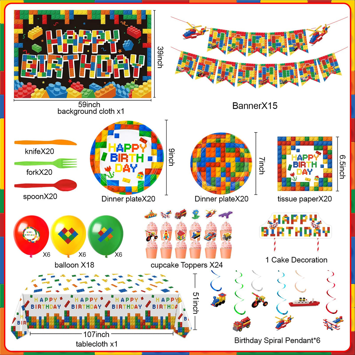 Generic building blocks banner enhances party photos with a fun birthday motif.