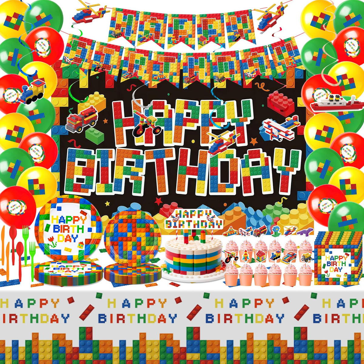Generic building blocks tablecloth adds color and protects surfaces for 20-guest parties.