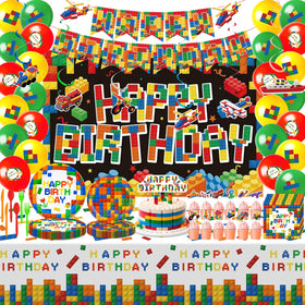 Generic building blocks tablecloth adds color and protects surfaces for 20-guest parties.
