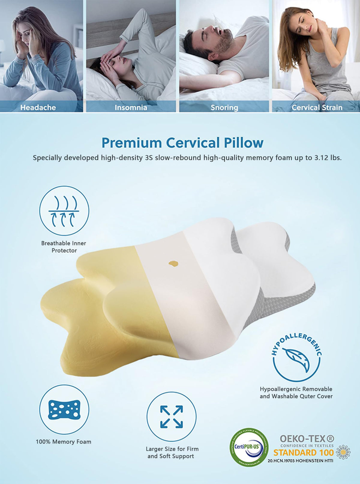 Generic Cervical Neck Pillow hidden zipper removable cover offers hygienic care