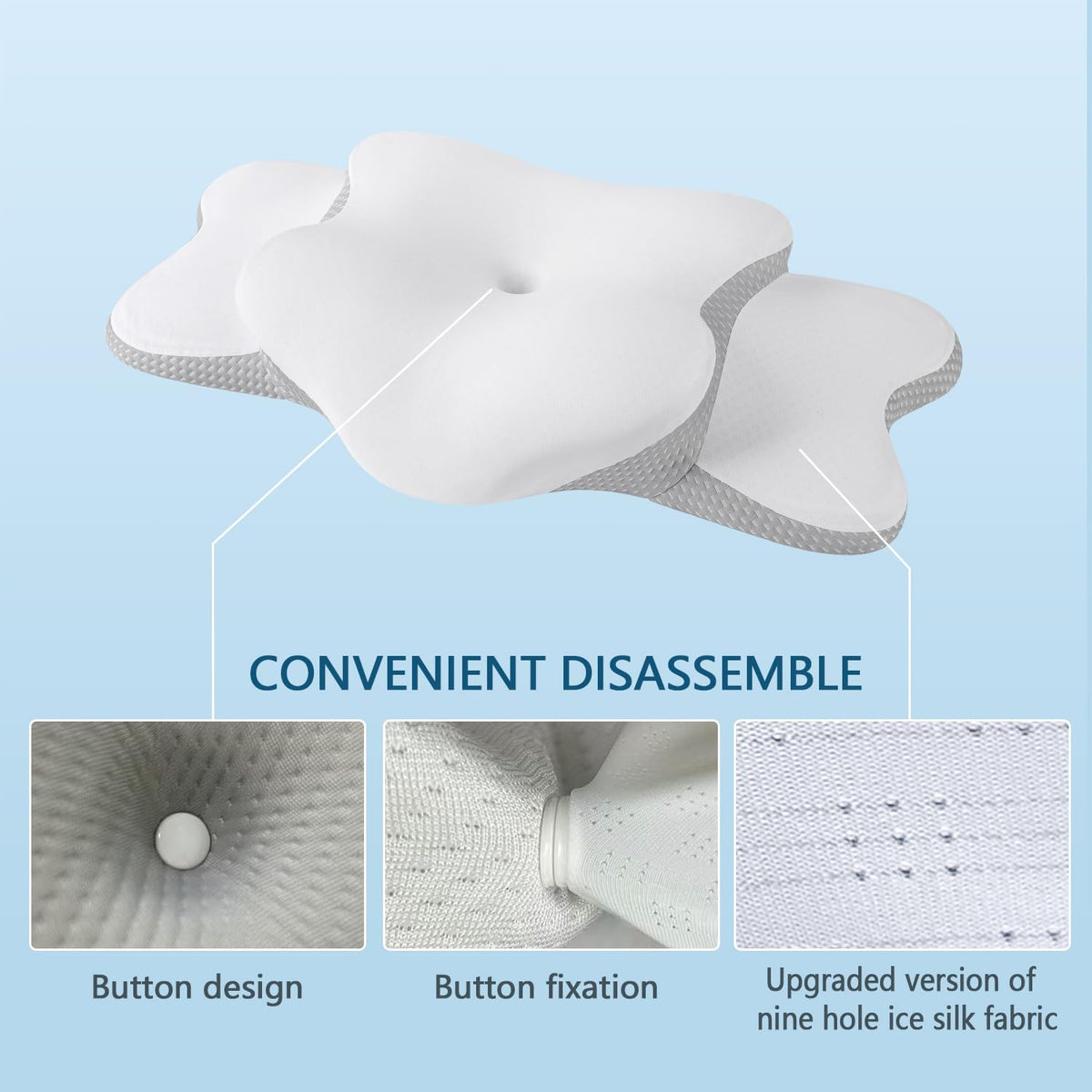 Generic Cervical Neck Pillow packaging and setup shot suggests simple unboxing and use