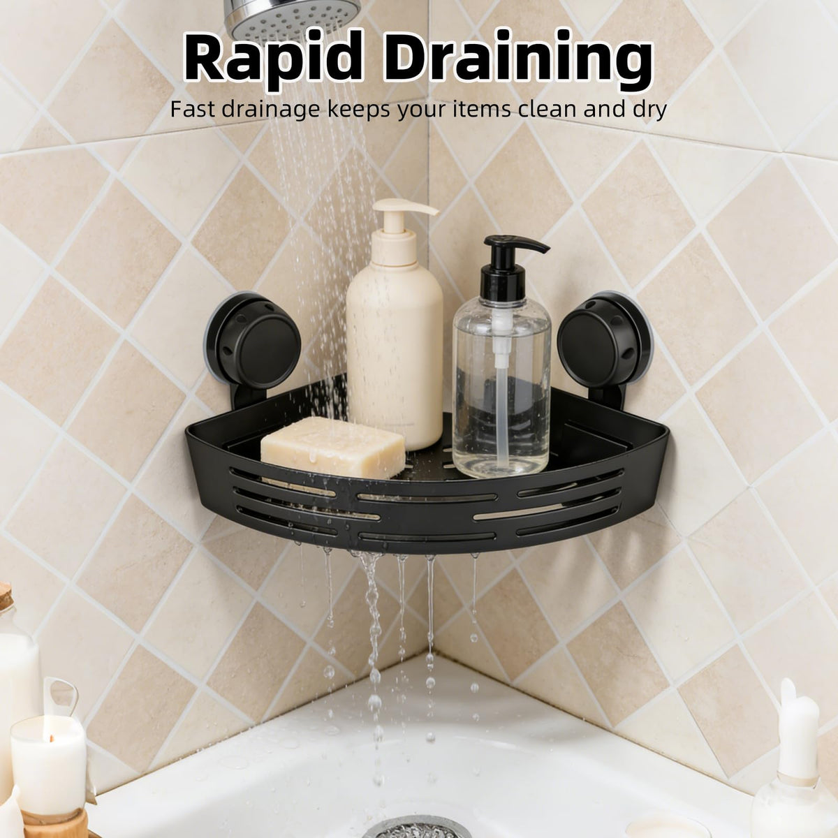 Generic sleek corner organizer keeps toiletries organized without drilling.