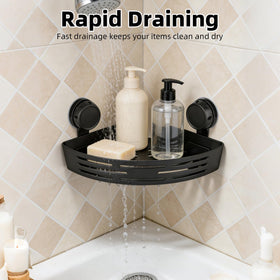 Generic sleek corner organizer keeps toiletries organized without drilling.