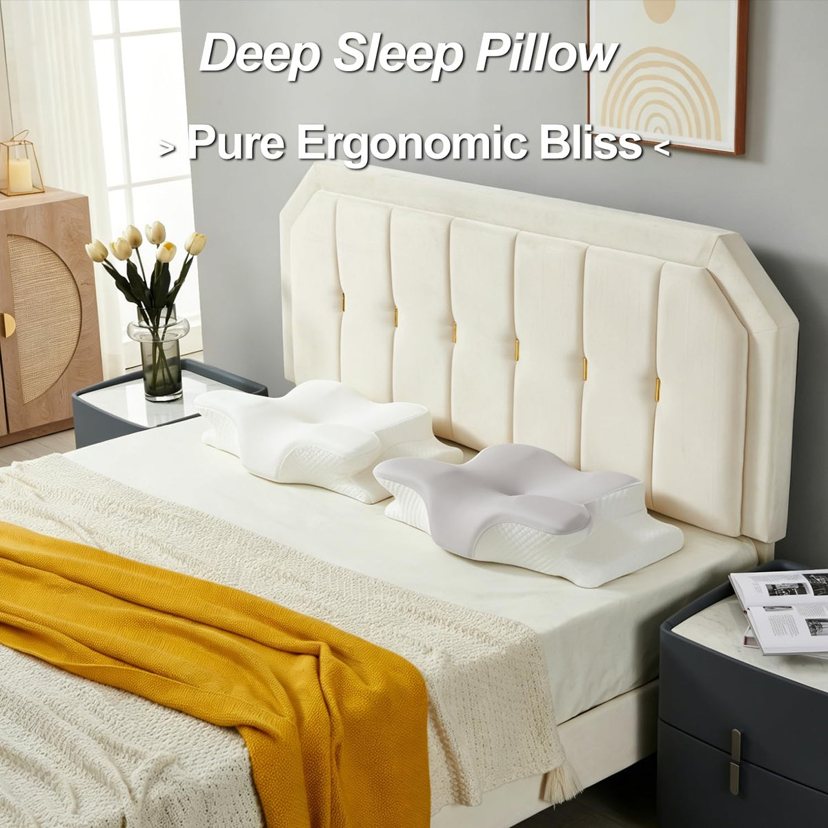 Generic Deep Sleep pillow side profile demonstrates ergonomic neck cradle for side sleepers.