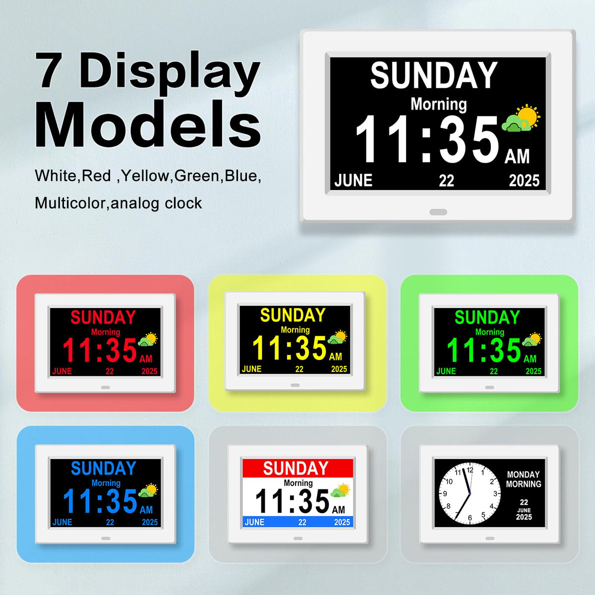 Generic eleven-inch clock auto-dimming for comfortable viewing