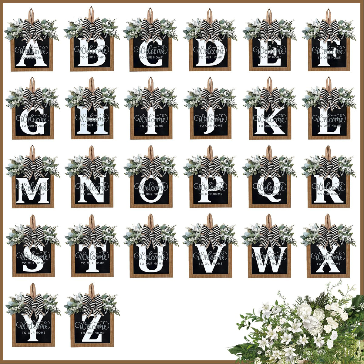 Generic farmhouse front door decor adds warm, welcoming curb appeal.