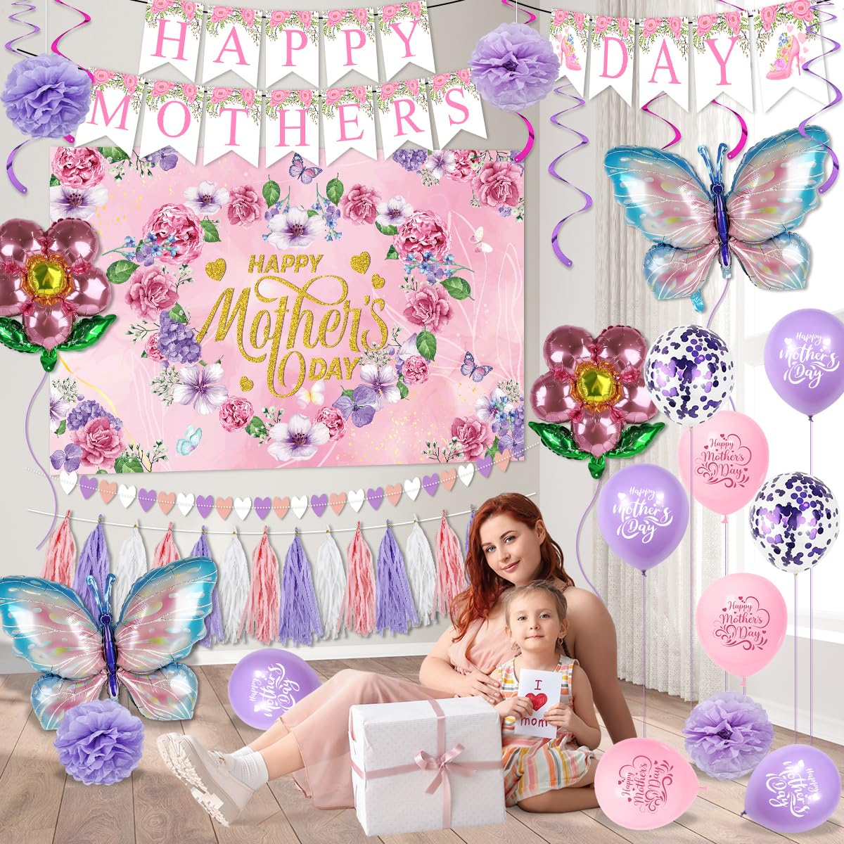 Generic foil balloons with butterfly and flower designs brighten any space