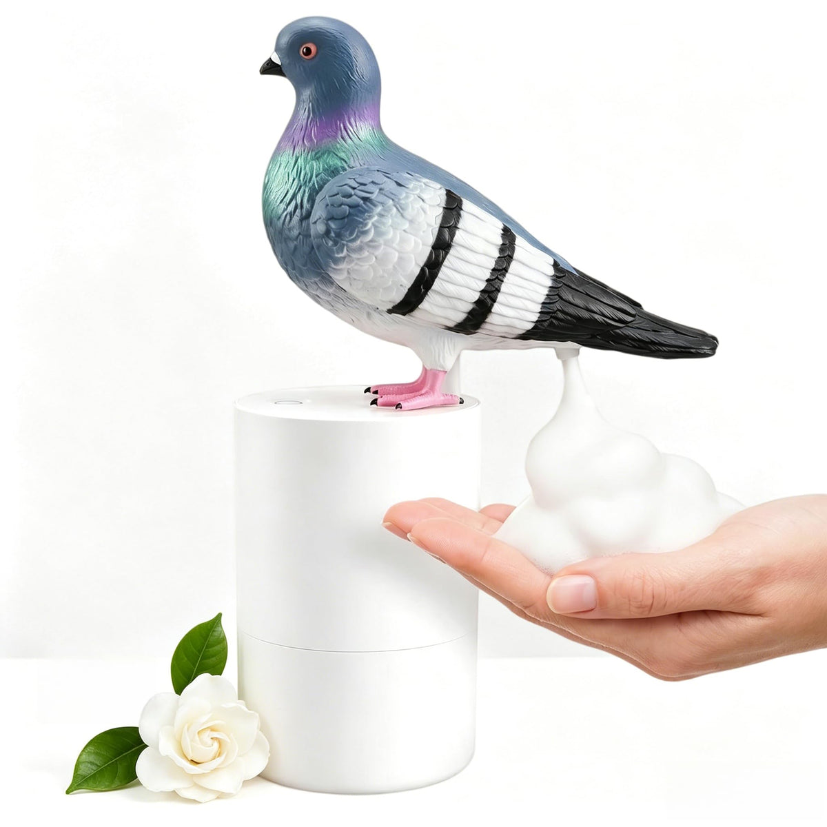 Generic funny pigeon foam dispenser full view for playful handwashing decor