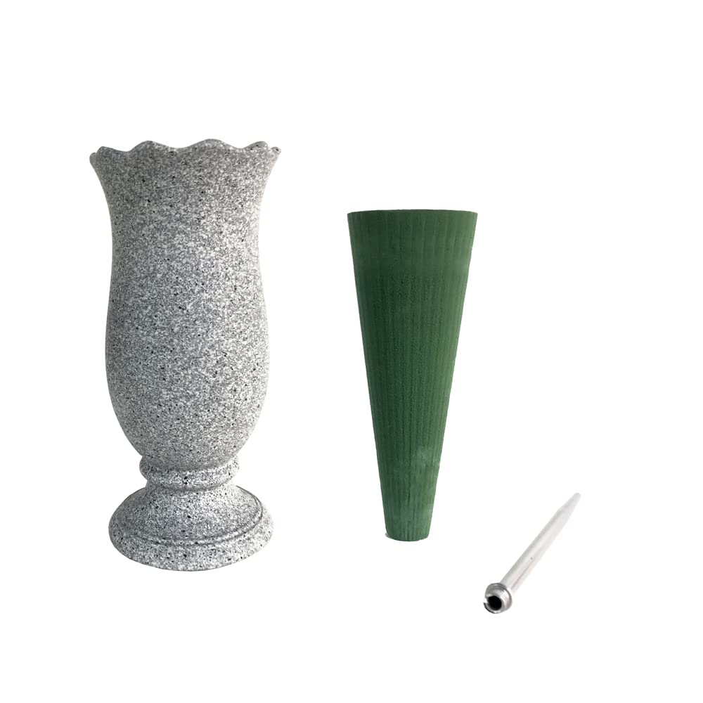 Generic grave vase with ground spikes keeps memorial stable in wind.