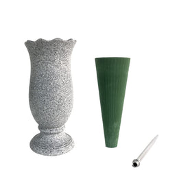 Generic grave vase with ground spikes keeps memorial stable in wind.