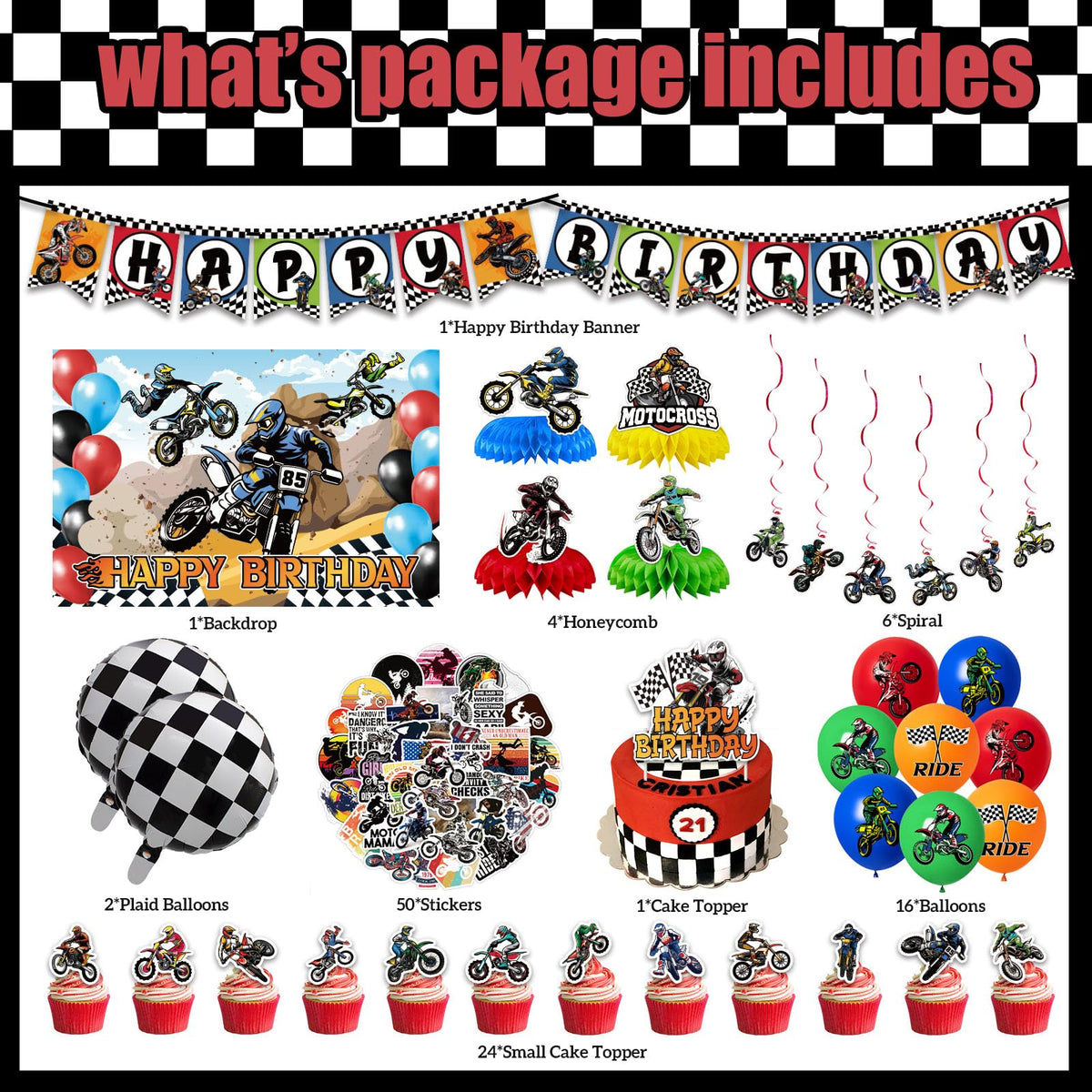 Generic hanging swirls create motion and depth in motocross decor