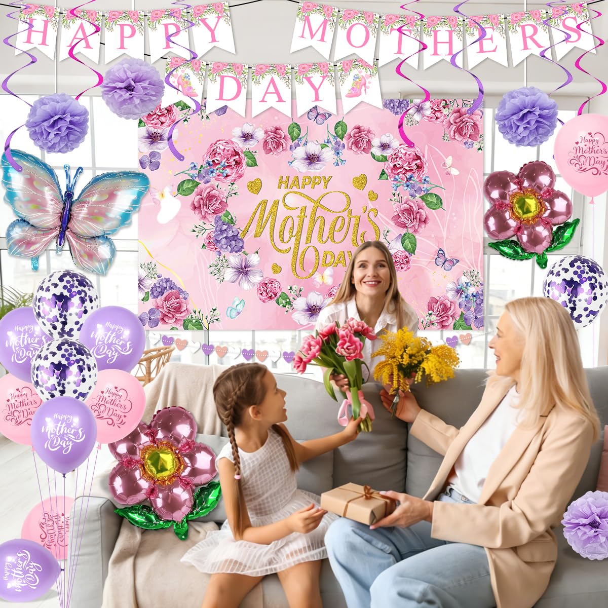 Generic hanging swirls and foil balloons create a playful, celebratory atmosphere