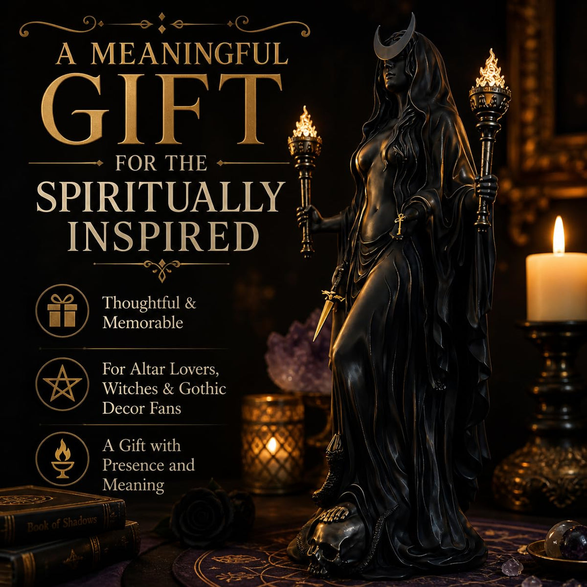 Generic Hecate statue indoor display suits shelves, desks, or altars